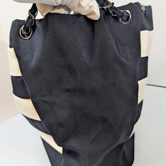 Chanel Black and White Striped Fabric Shopping Tote - Picture 6 of 16